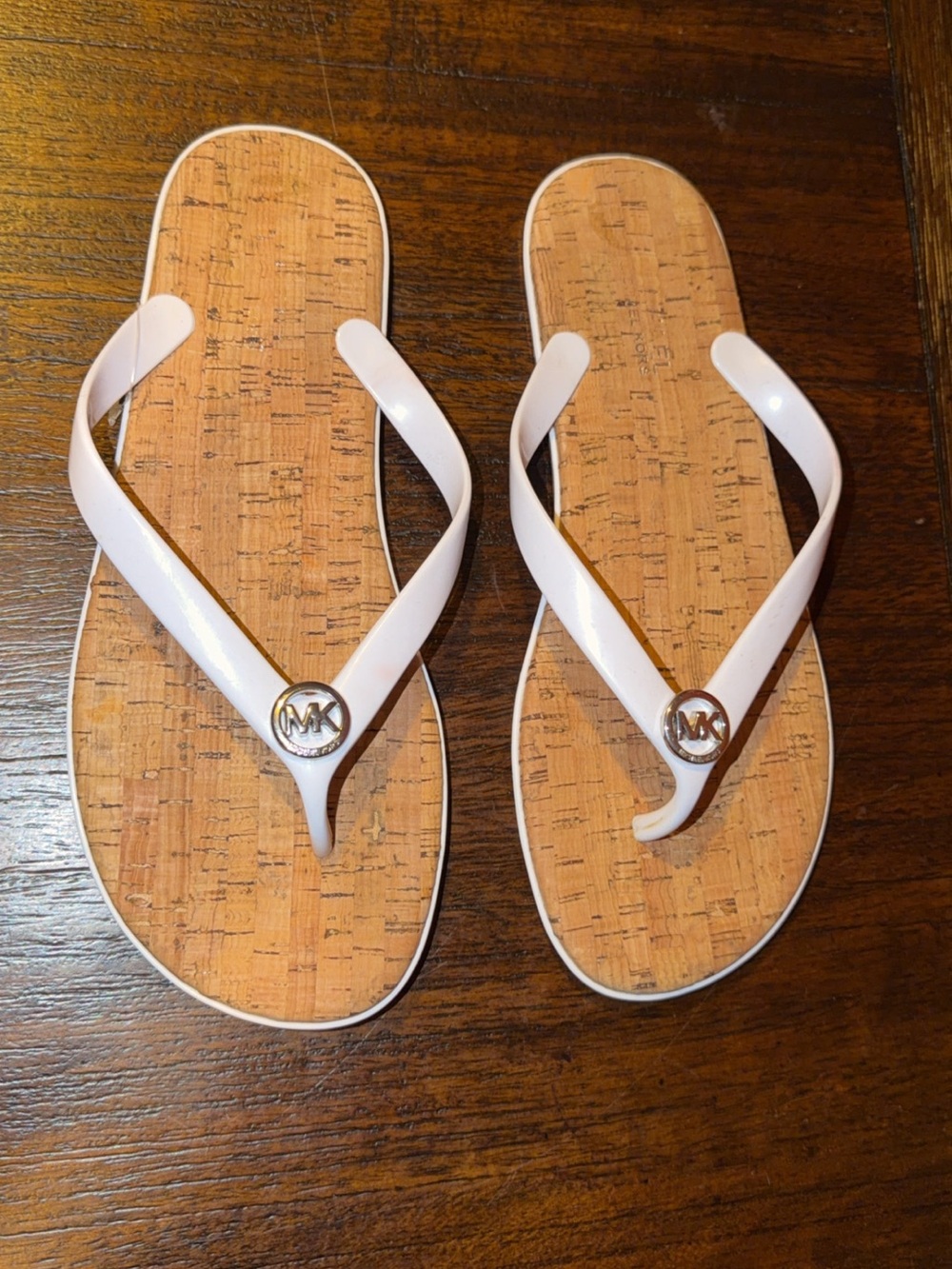 Michael Kors White Patent Cork-Effect Logo Flip Flops